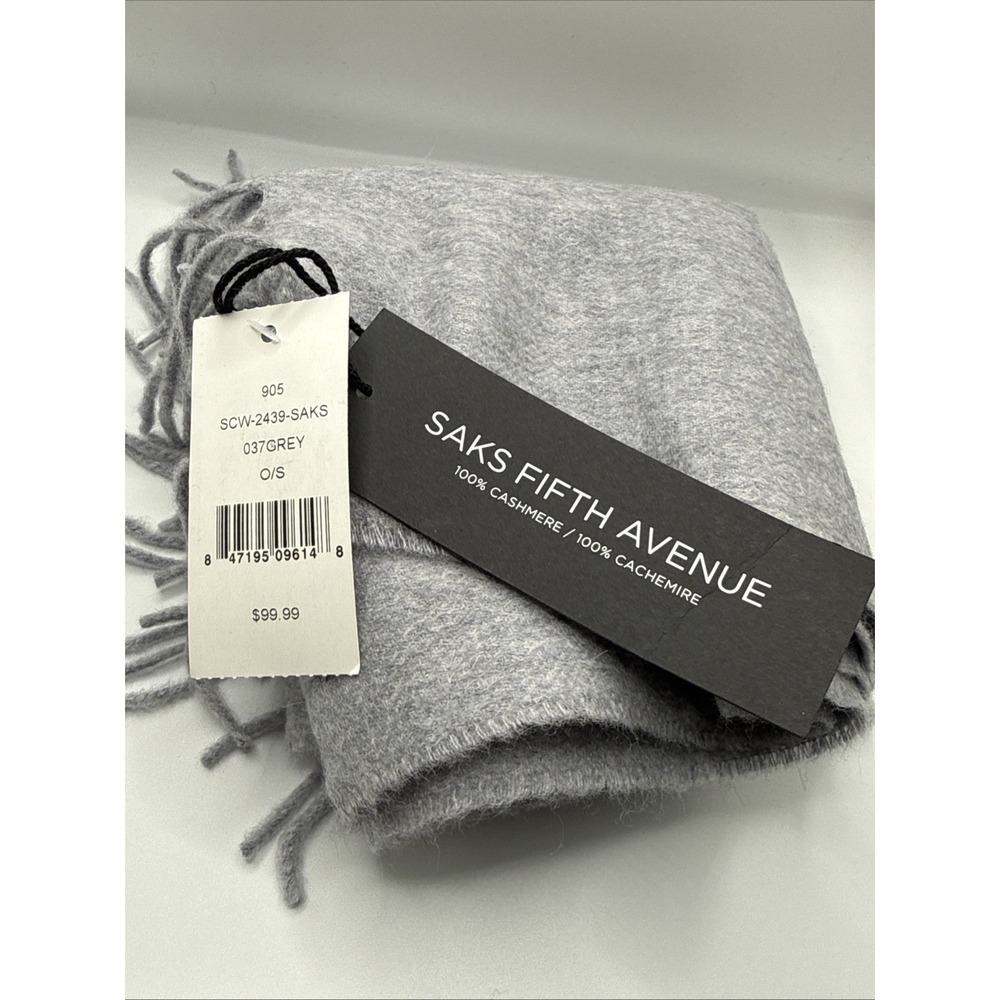 Saks Fifth Ave 100% Cashmere Scarf Grey Classic Unisex 72x12‎